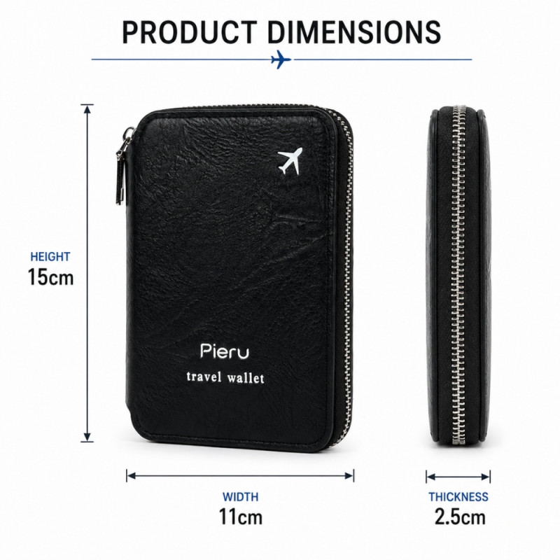 Professional Pieru RFID-Blocking Passport Wallet – Black Leather-Style with Airplane Icon (15cm)