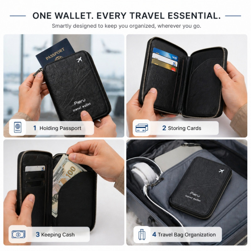 Professional Pieru RFID-Blocking Passport Wallet – Black Leather-Style with Airplane Icon (15cm)