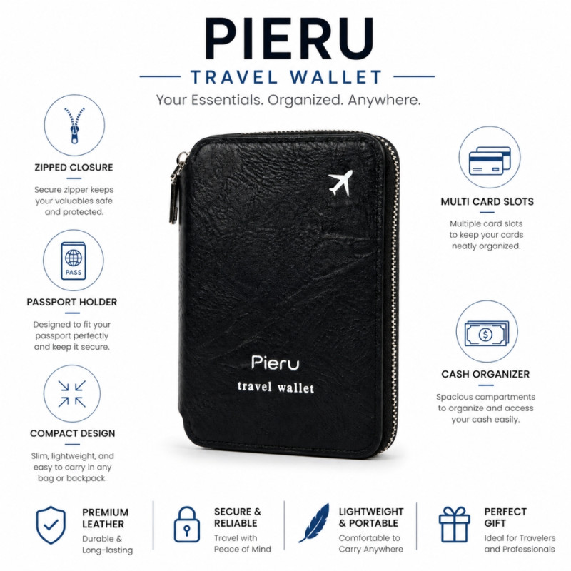 Professional Pieru RFID-Blocking Passport Wallet – Black Leather-Style with Airplane Icon (15cm)