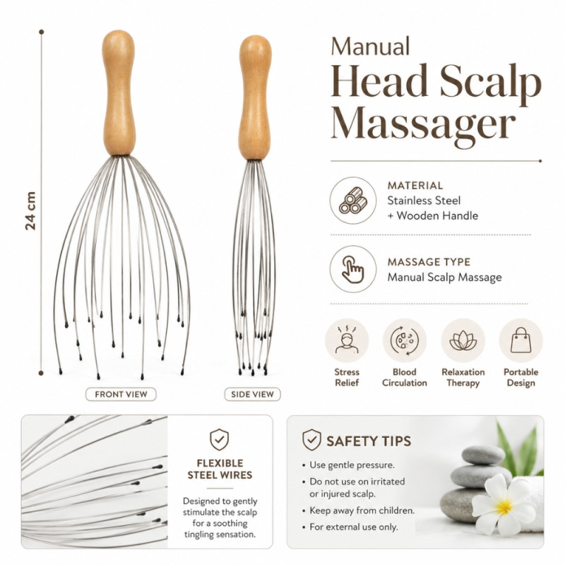 Futuristic Natural Beauty handheld head scalp massager featuring a wooden handle and stainless steel prongs – Wooden &amp; Silver (24cm)
