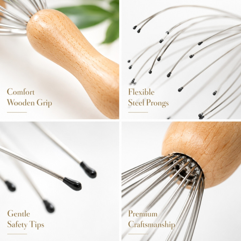 Futuristic Natural Beauty handheld head scalp massager featuring a wooden handle and stainless steel prongs – Wooden &amp; Silver (24cm)