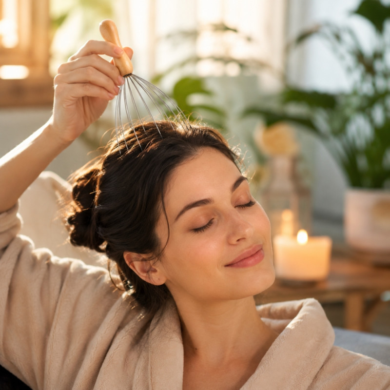 Futuristic Natural Beauty handheld head scalp massager featuring a wooden handle and stainless steel prongs – Wooden &amp; Silver (24cm)