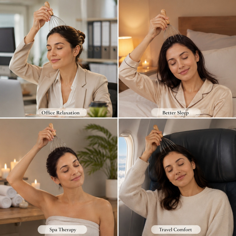 Futuristic Natural Beauty handheld head scalp massager featuring a wooden handle and stainless steel prongs – Wooden &amp; Silver (24cm)
