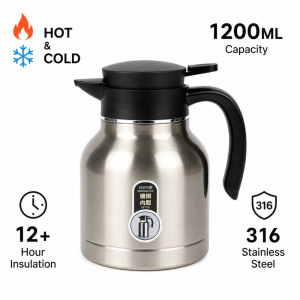 Minimalist 1200ml stainless steel vacuum insulated coffee carafe – Silver (20cm)