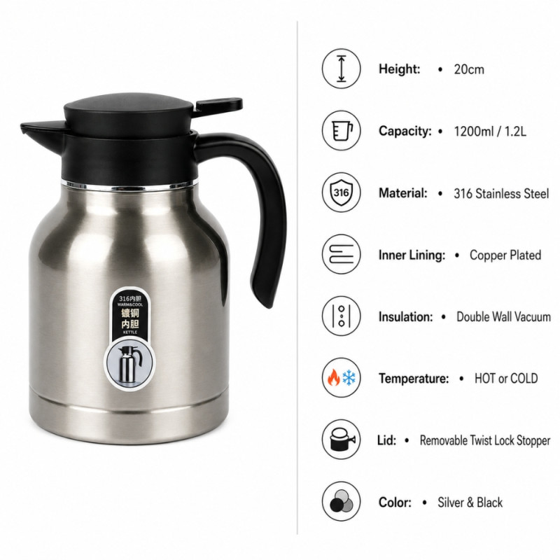 Minimalist 1200ml stainless steel vacuum insulated coffee carafe – Silver (20cm)