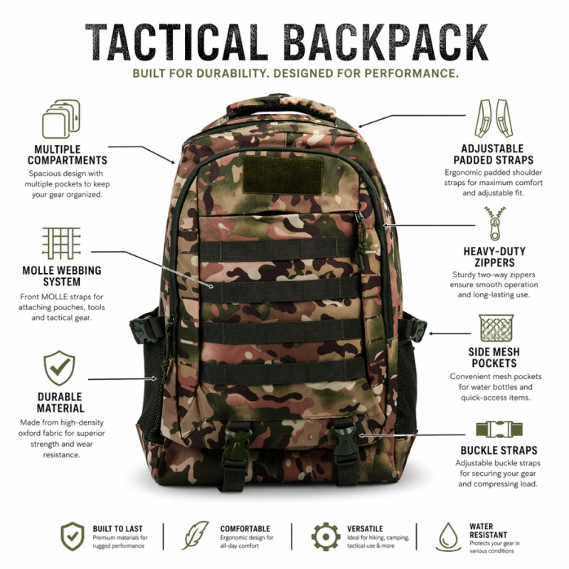 Elite Tactical Camouflage Backpack – Olive Green ($53\text{cm}$)
