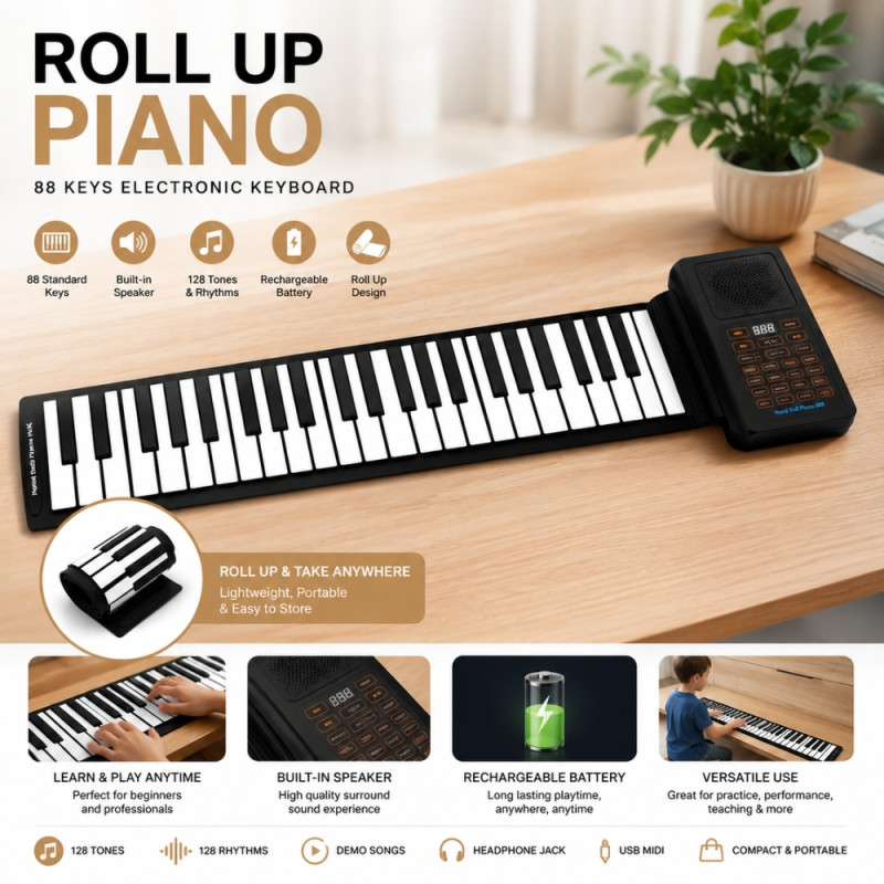 Portable 61-Key Roll-Up Electronic Piano Made from Flexible Silicone – Black & White