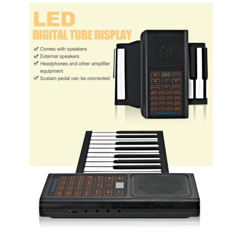 Portable 61-Key Roll-Up Electronic Piano Made from Flexible Silicone – Black & White