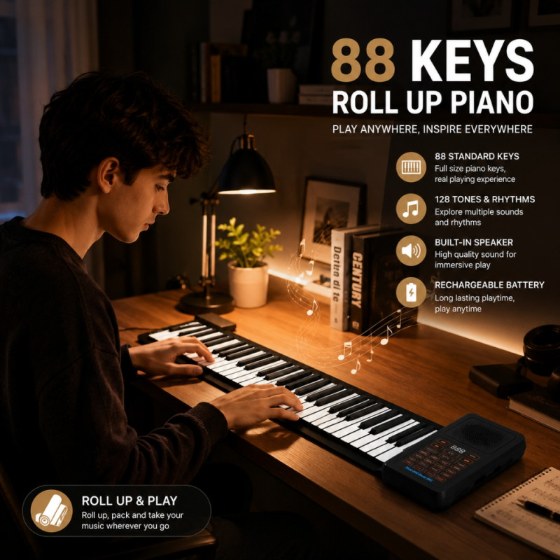Portable 61-Key Roll-Up Electronic Piano Made from Flexible Silicone – Black & White