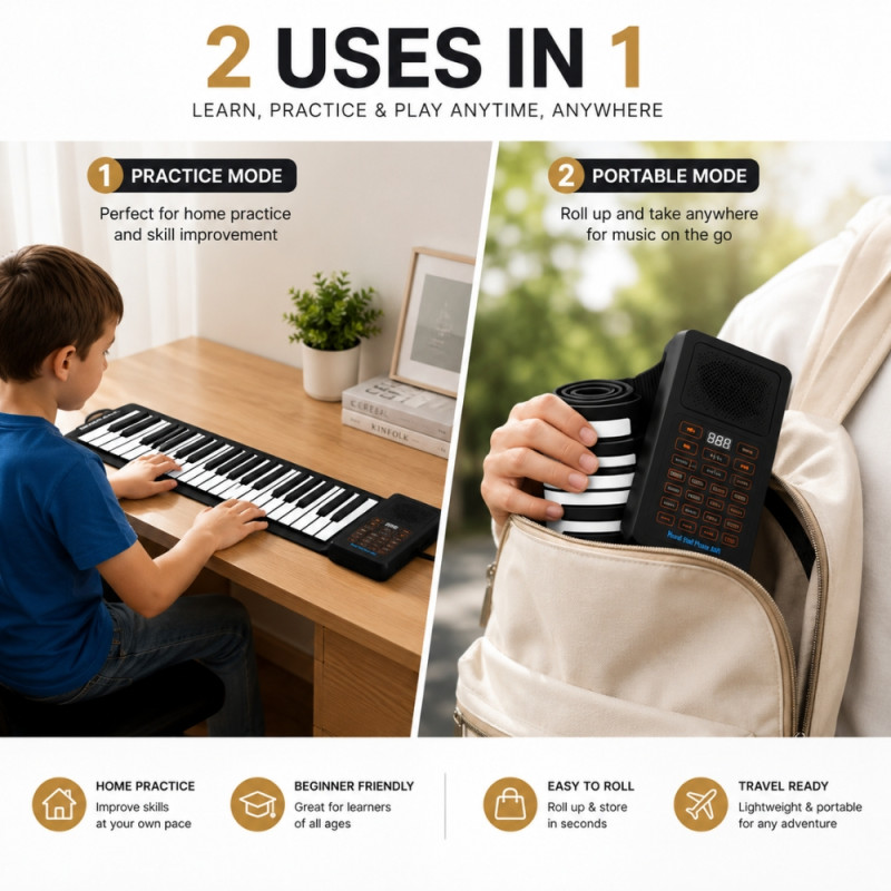Portable 61-Key Roll-Up Electronic Piano Made from Flexible Silicone – Black & White