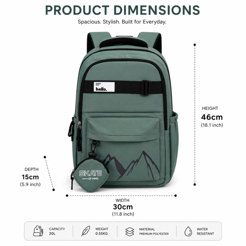 Adventure Mountain Graphic Backpack with Accessory Pouch – Gray Turquoise (46cm)