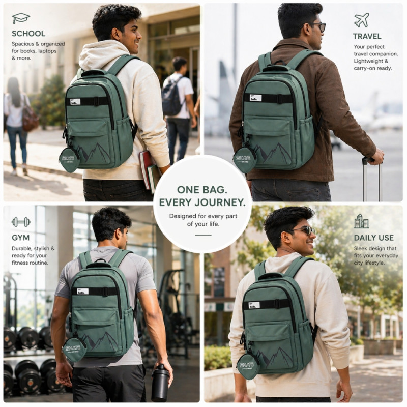 Adventure Mountain Graphic Backpack with Accessory Pouch – Gray Turquoise (46cm)