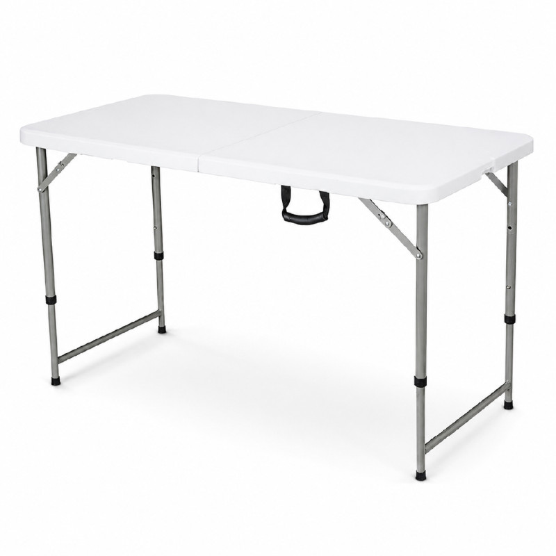 White Portable Folding Table with Height-Adjustable Legs – 74 x 122 x 60 cm – White & Dark Gray