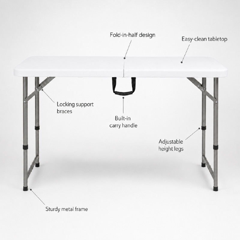 White Portable Folding Table with Height-Adjustable Legs – 74 x 122 x 60 cm – White & Dark Gray