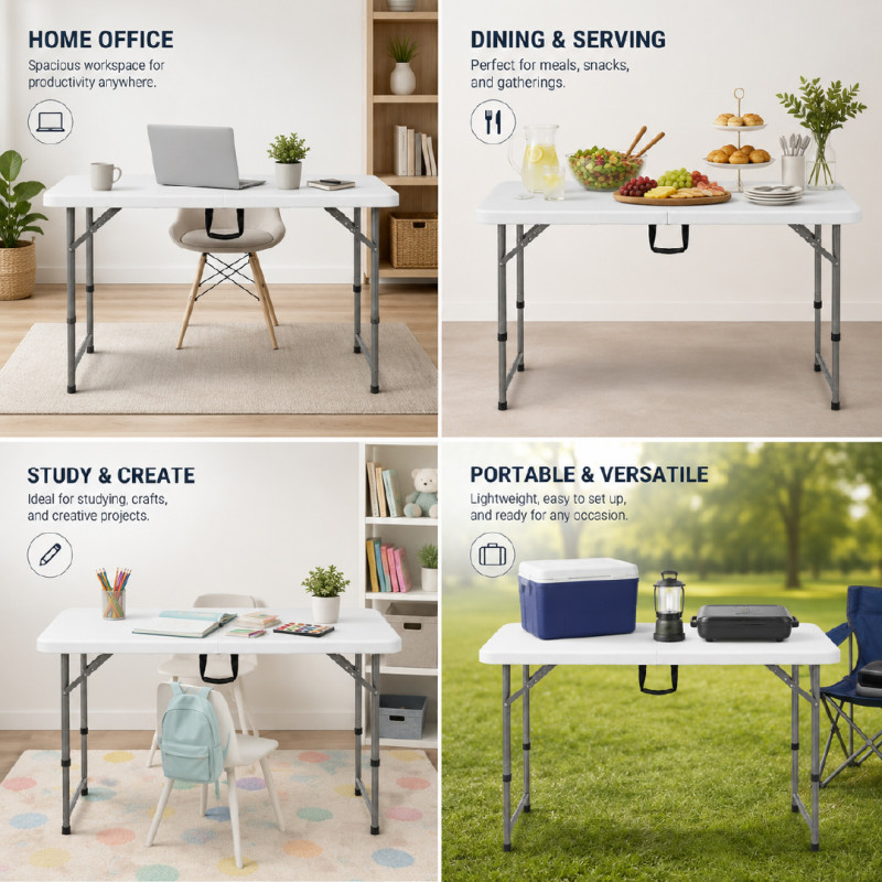 White Portable Folding Table with Height-Adjustable Legs – 74 x 122 x 60 cm – White & Dark Gray