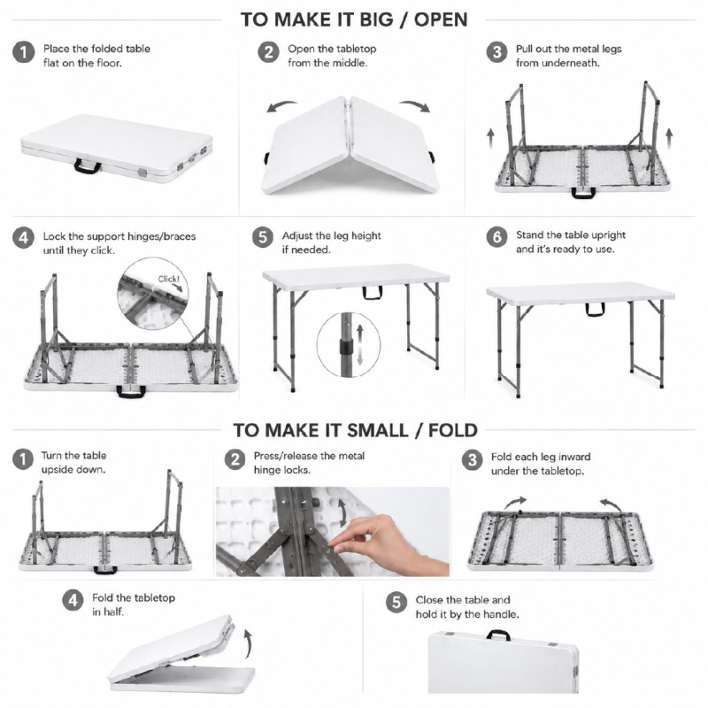 White Portable Folding Table with Height-Adjustable Legs – 74 x 122 x 60 cm – White & Dark Gray