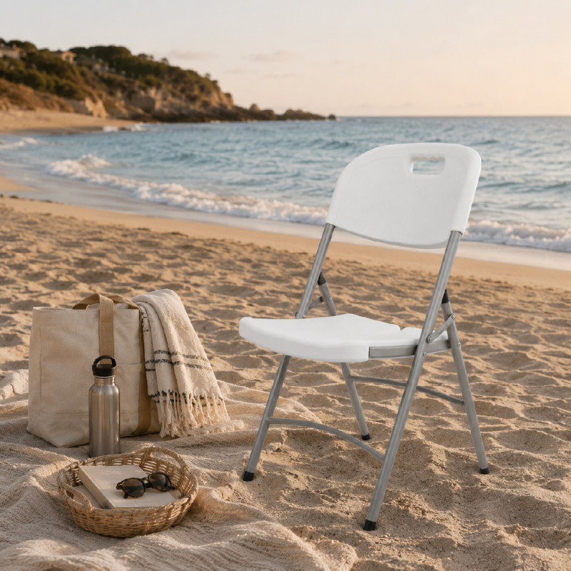 Sturdy Space-Saving White Plastic Folding Chair with Steel Frame (83x50cm)