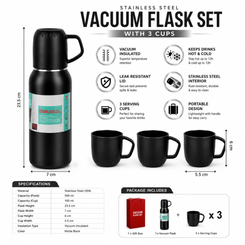 Premium Insulated Vacuum Flask Set – black Arabic Coffee Style (23.5 x 7cm)