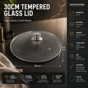 Transparent Beauty Tempered Glass Pot Lid Designed for Everyday Cooking &amp; Kitchen Excellence – Silver (DIA-30, T-30 CM)