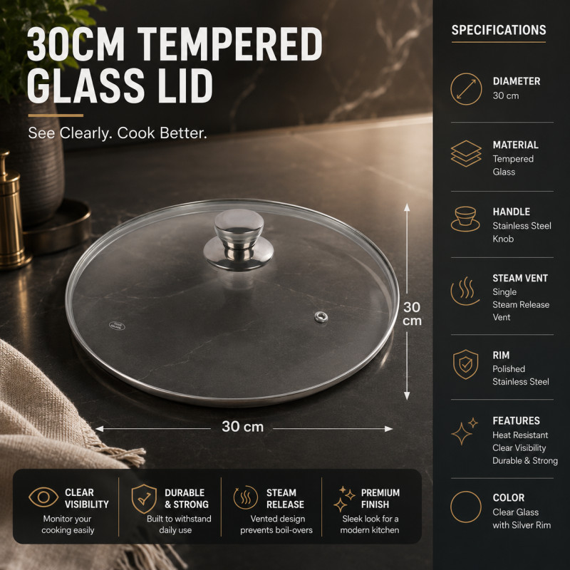 Transparent Beauty Tempered Glass Pot Lid Designed for Everyday Cooking &amp; Kitchen Excellence – Silver (DIA-30, T-30 CM)