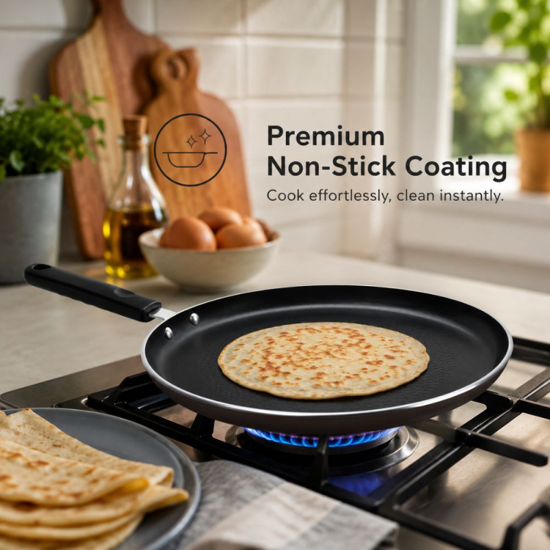 HotChef 24cm Non-Stick Pancake Tawa – Induction Compatible – Black