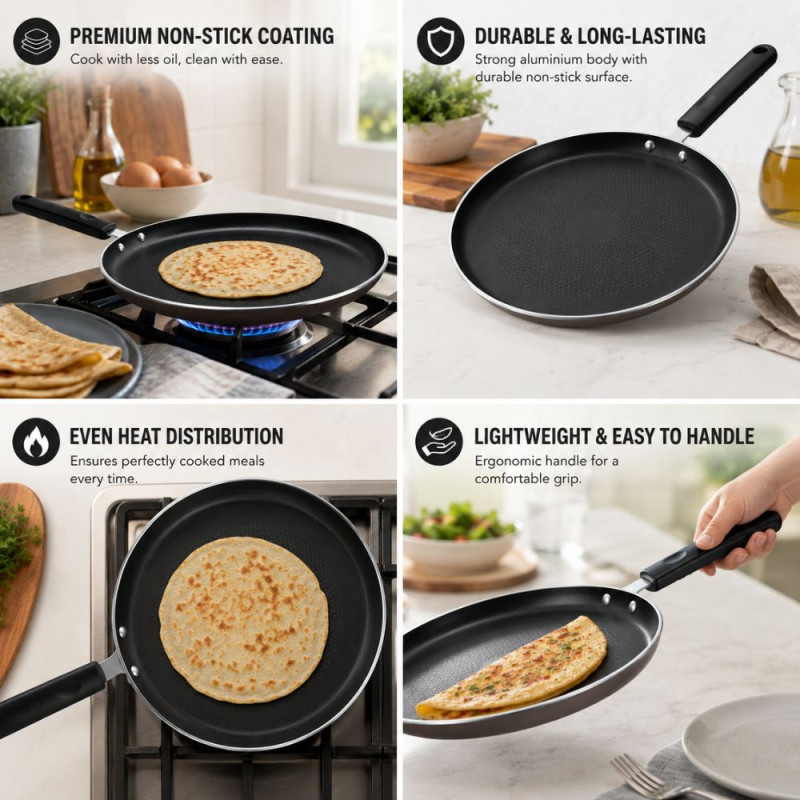HotChef 24cm Non-Stick Pancake Tawa – Induction Compatible – Black