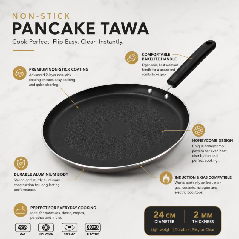 HotChef 24cm Non-Stick Pancake Tawa – Induction Compatible – Black