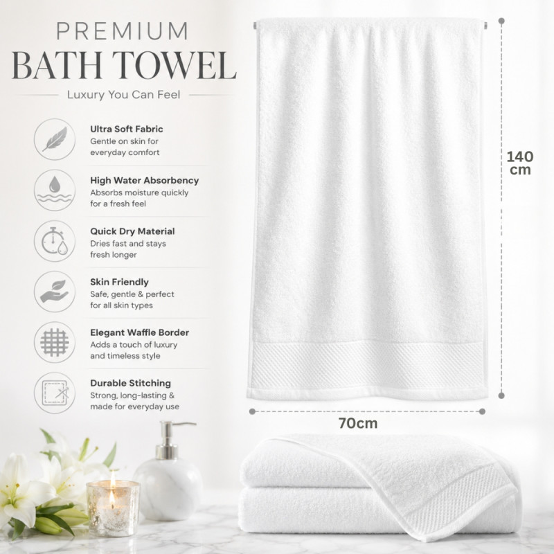 Exclusive premium white cotton bath towel – White (140 x 70cm)