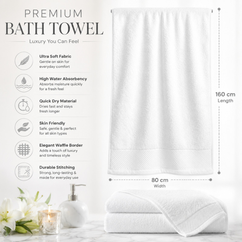 Elite premium white cotton bath towel – White (160 x 80cm)