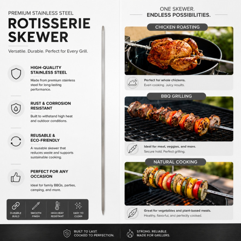 Steel Strength BBQ Skewer Designed for Outdoor Grilling &amp; Family Gatherings – Stainless Steel (L-64.5 CM)