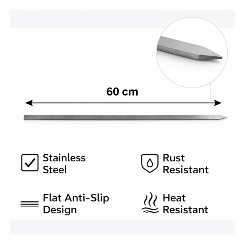 Professional 60cm Stainless Steel Barbecue Skewer – Heavy-Duty Silver Grilling Tool