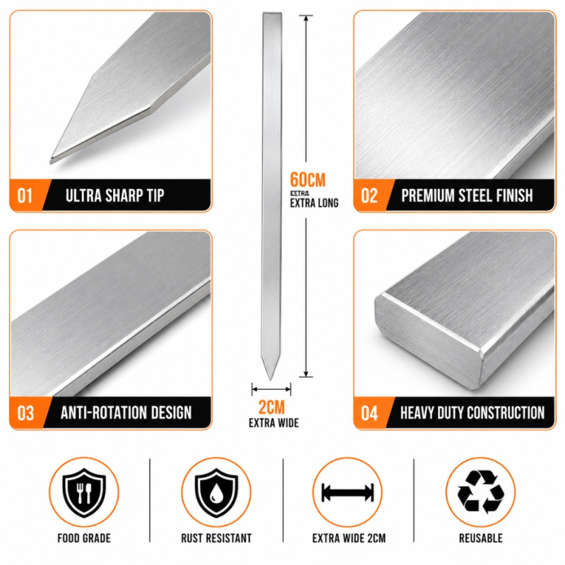 Forged Metal Barbecue Needle Designed for Outdoor Grilling &amp; Family Gatherings – Stainless Steel (W-2, L-60 CM)