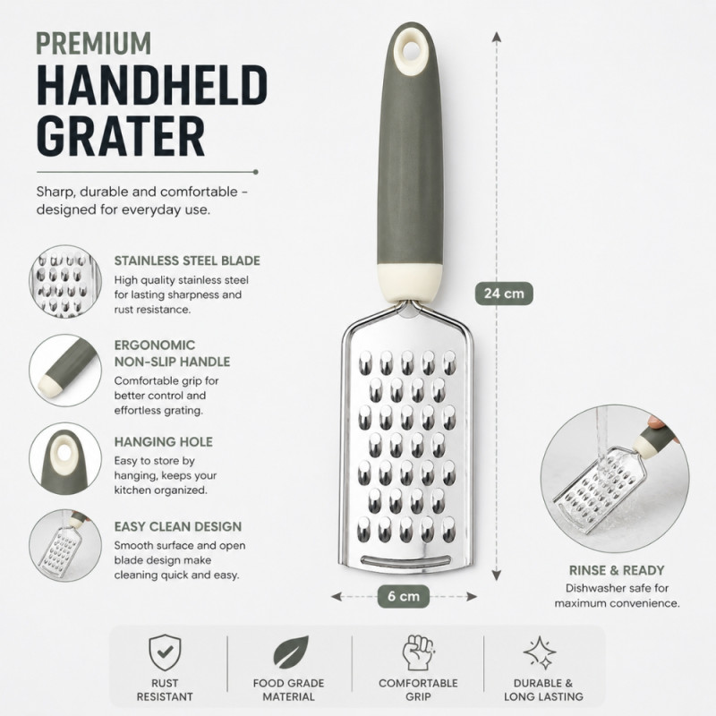 Premium Stainless Steel Handheld Grater – Ergonomic Gray Handle (24x6cm)