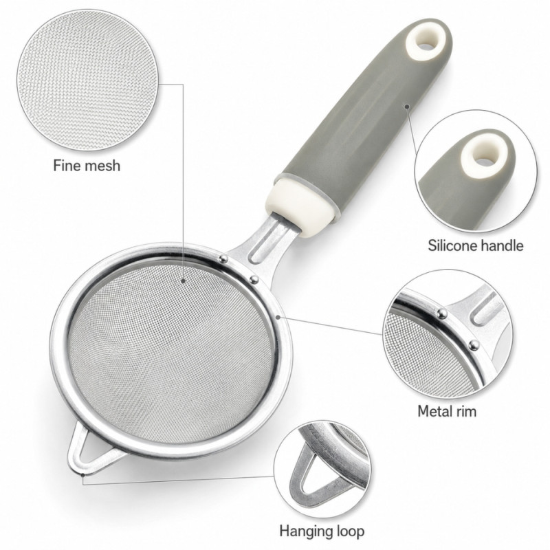 Silicone Strainer with Handle - Silver (Medium)