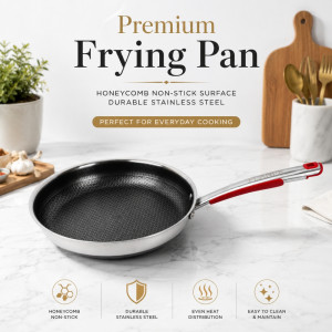Cozy 30cm premium stainless steel frying pan with a honeycomb non-stick coating and a red heat-resistant handle – Black & Silver (51 x 30 x 5.5cm)