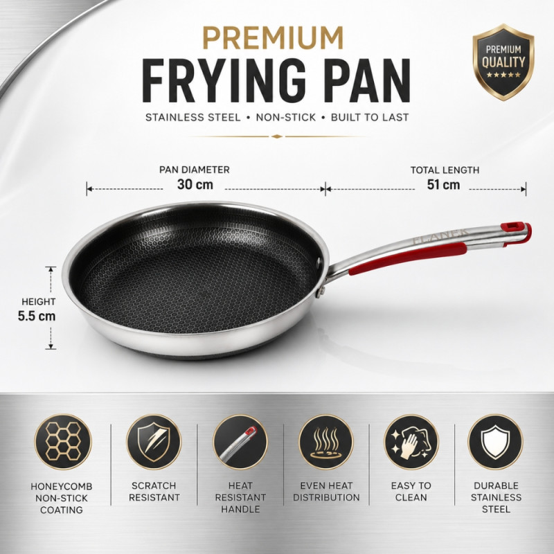 Cozy 30cm premium stainless steel frying pan with a honeycomb non-stick coating and a red heat-resistant handle – Black & Silver (51 x 30 x 5.5cm)