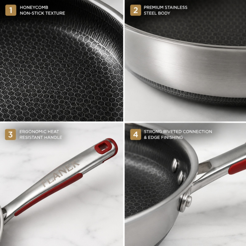 Cozy 30cm premium stainless steel frying pan with a honeycomb non-stick coating and a red heat-resistant handle – Black & Silver (51 x 30 x 5.5cm)