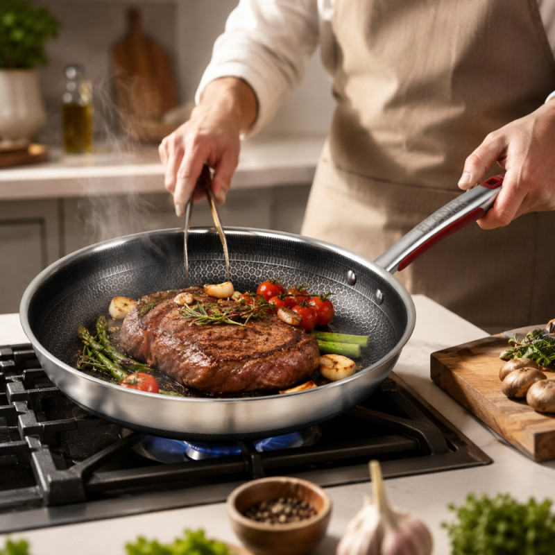 Cozy 30cm premium stainless steel frying pan with a honeycomb non-stick coating and a red heat-resistant handle – Black & Silver (51 x 30 x 5.5cm)