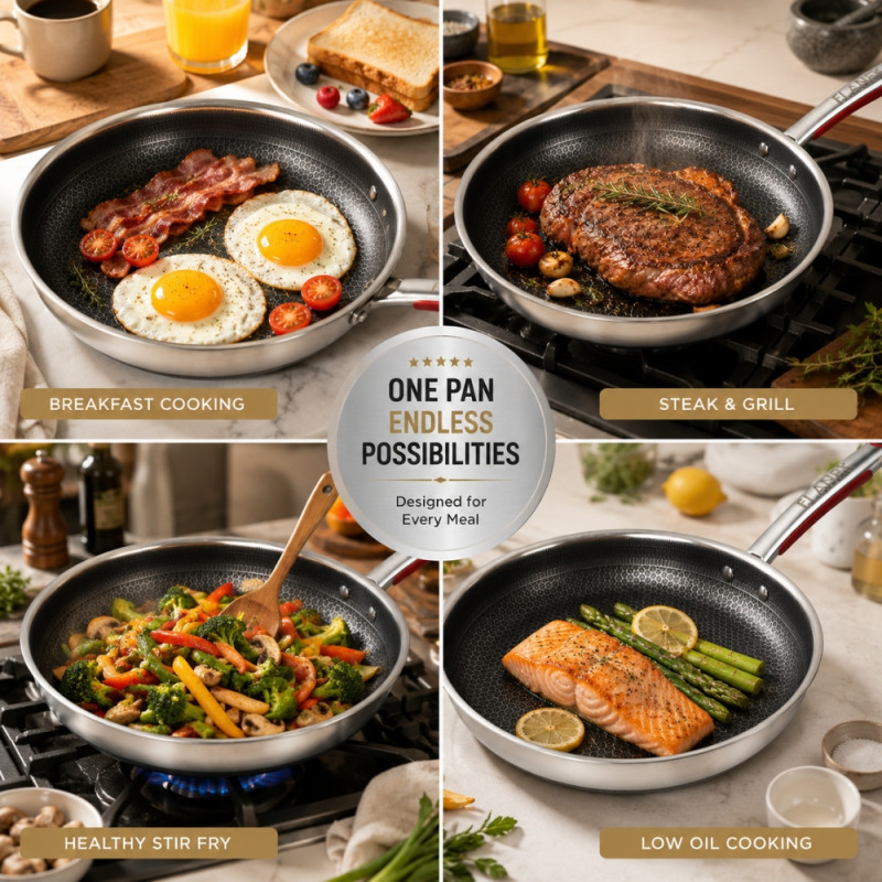 Cozy 30cm premium stainless steel frying pan with a honeycomb non-stick coating and a red heat-resistant handle – Black & Silver (51 x 30 x 5.5cm)