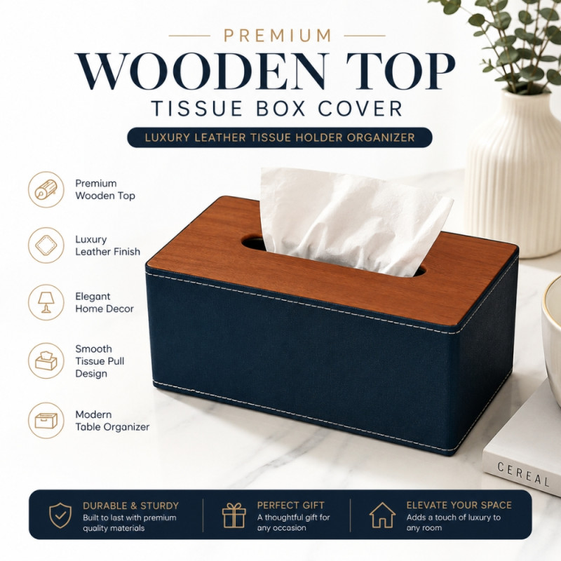 Legacy Navy blue leather tissue box holder with a wooden lid – Wooden &amp; Navy Blue (10.5 x 25.5 x 14cm)