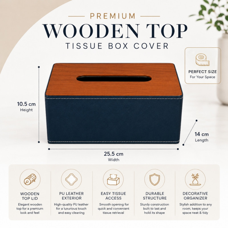 Legacy Navy blue leather tissue box holder with a wooden lid – Wooden &amp; Navy Blue (10.5 x 25.5 x 14cm)