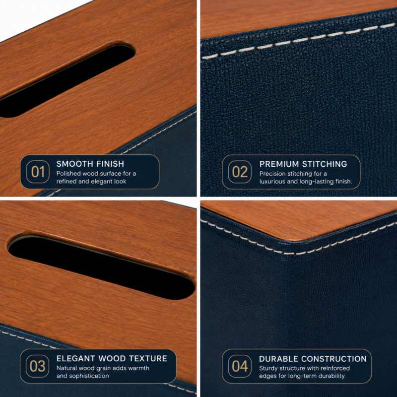 Legacy Navy blue leather tissue box holder with a wooden lid – Wooden &amp; Navy Blue (10.5 x 25.5 x 14cm)