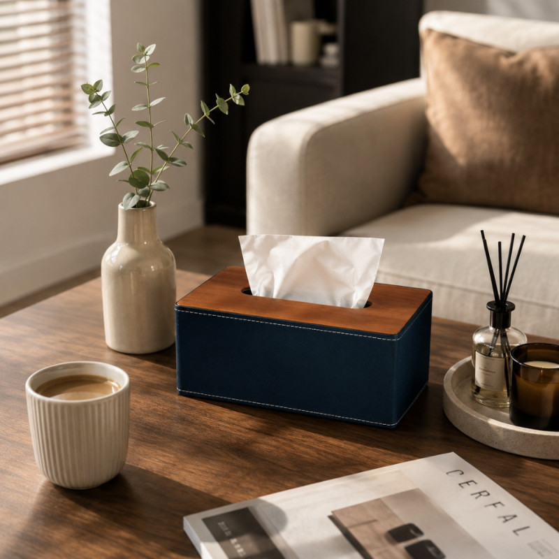 Legacy Navy blue leather tissue box holder with a wooden lid – Wooden &amp; Navy Blue (10.5 x 25.5 x 14cm)