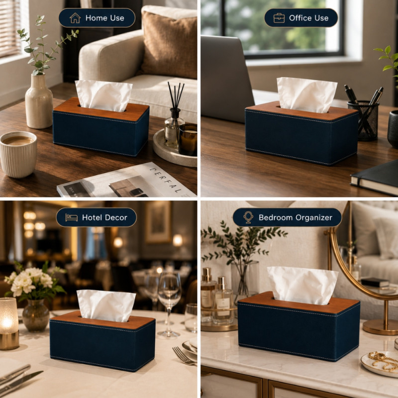 Legacy Navy blue leather tissue box holder with a wooden lid – Wooden &amp; Navy Blue (10.5 x 25.5 x 14cm)