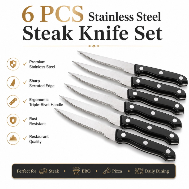 Professional Kitchen Knife Set – Silver &amp; Black Sharp Blades (6PCS22x1.5cm)