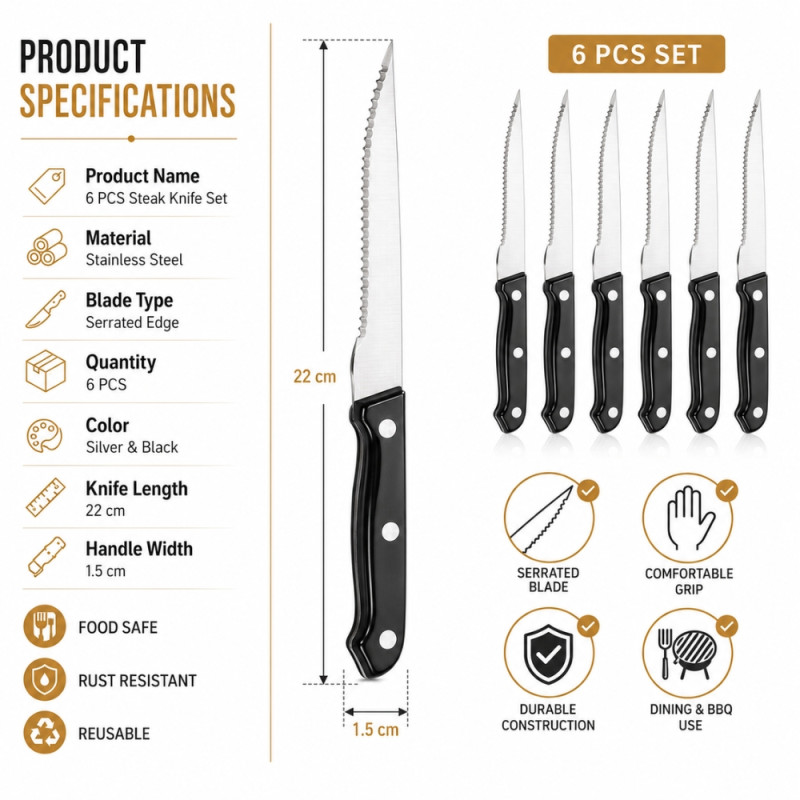 Professional Kitchen Knife Set – Silver &amp; Black Sharp Blades (6PCS22x1.5cm)
