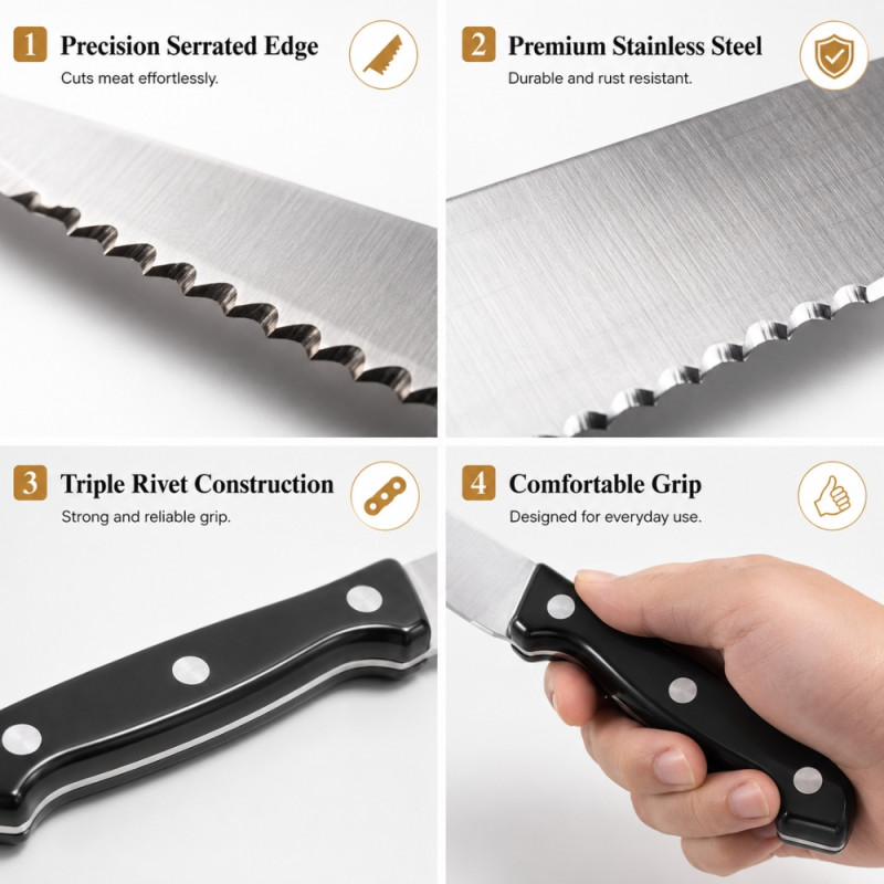 Professional Kitchen Knife Set – Silver &amp; Black Sharp Blades (6PCS22x1.5cm)