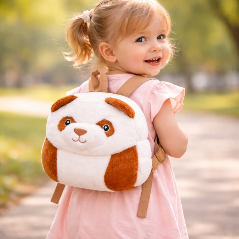 Kids' School Bag Panda Design – White & Brown (30cm)