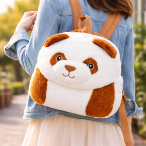 Kids' School Bag Panda Design – White & Brown (30cm)