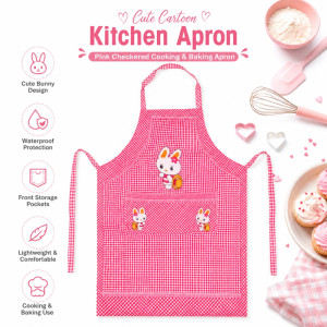 Sleek pink checkered cartoon rabbit kitchen apron – Pink (67.5 x 58cm)